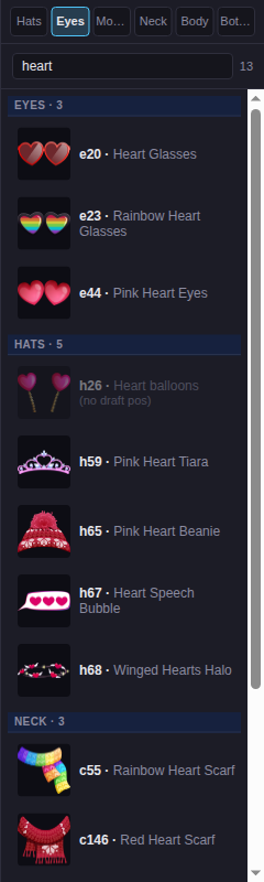 Accessory rail searching 'heart' across Eyes, Hats, Neck and Body