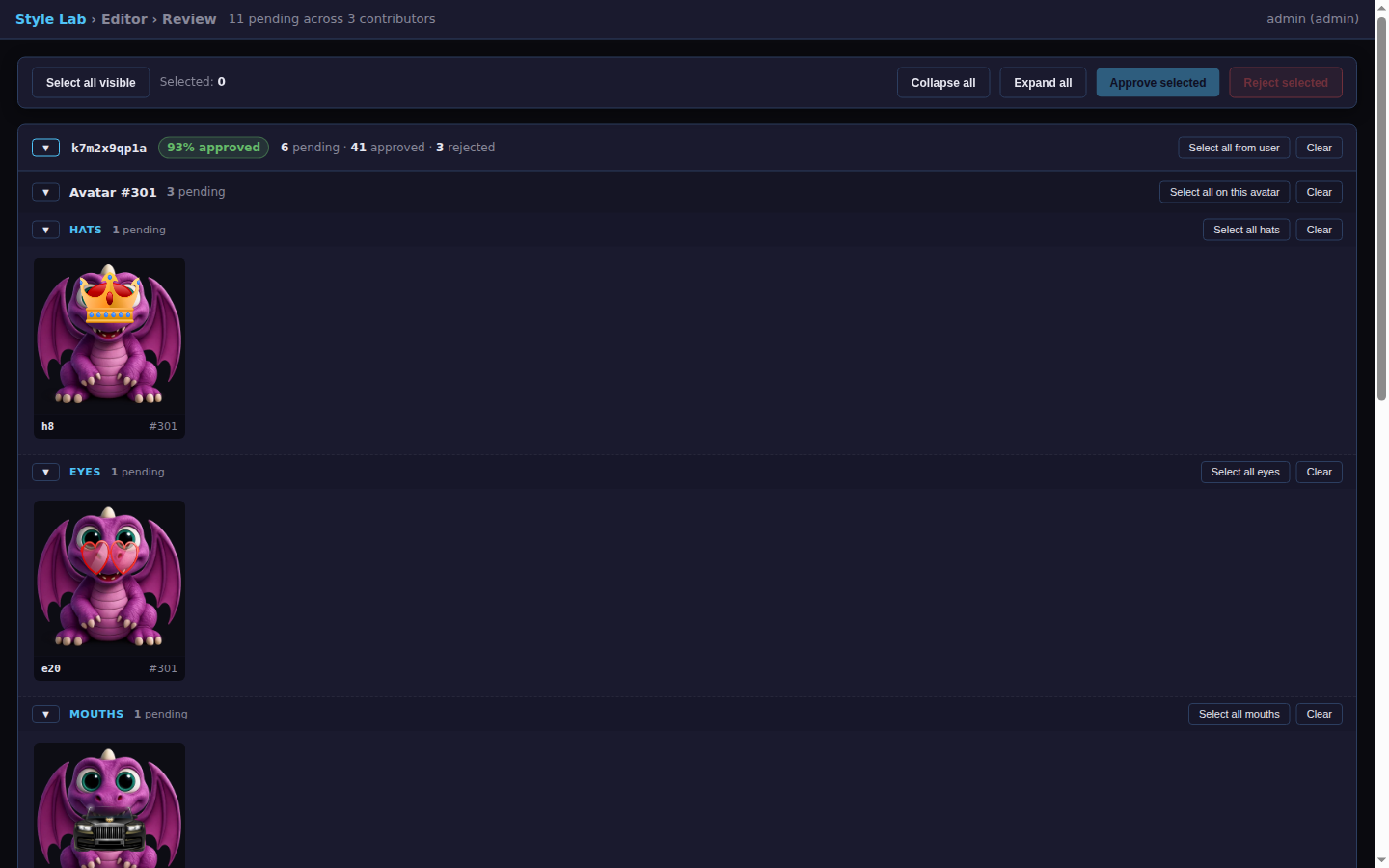 Review page with a contributor expanded, showing avatar tiles per category